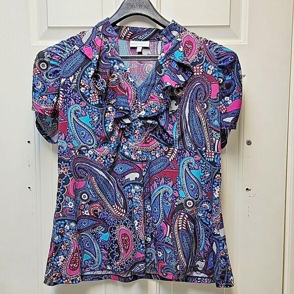 Fashion Bug Tops - Fashion Bug Top Womens Plus 14/16W Multi Paisley Floral Short Sleeve Ruffle Trim